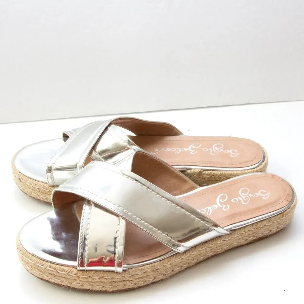 Sergio Zelcer Metallic Silver Chrome Cross Strips Slip On Platform Sandals 10